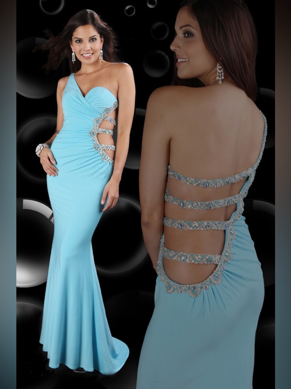 Elegant Light Blue One-Shoulder Backless Evening Gown with Embellished Straps